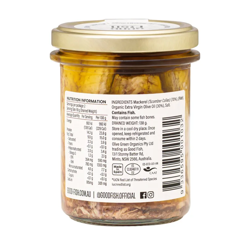 Mackerel Fillets in Organic EVOO - Wild Caught, 2 x 195g Jar - alternate