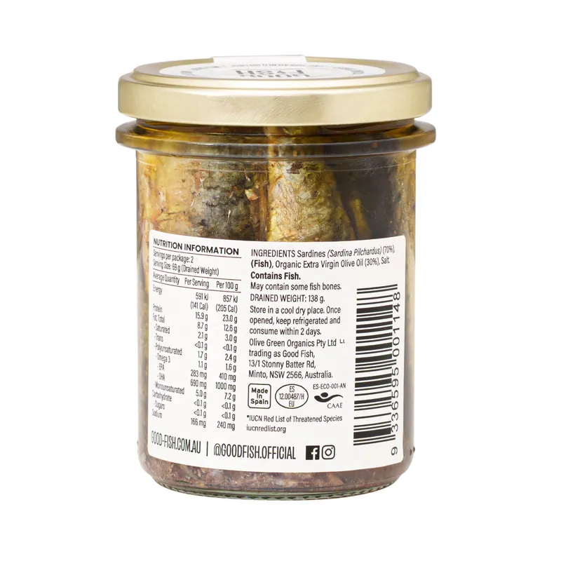 Sardines in Organic EVOO - Wild Caught, 2 x 195g Jar - alternate